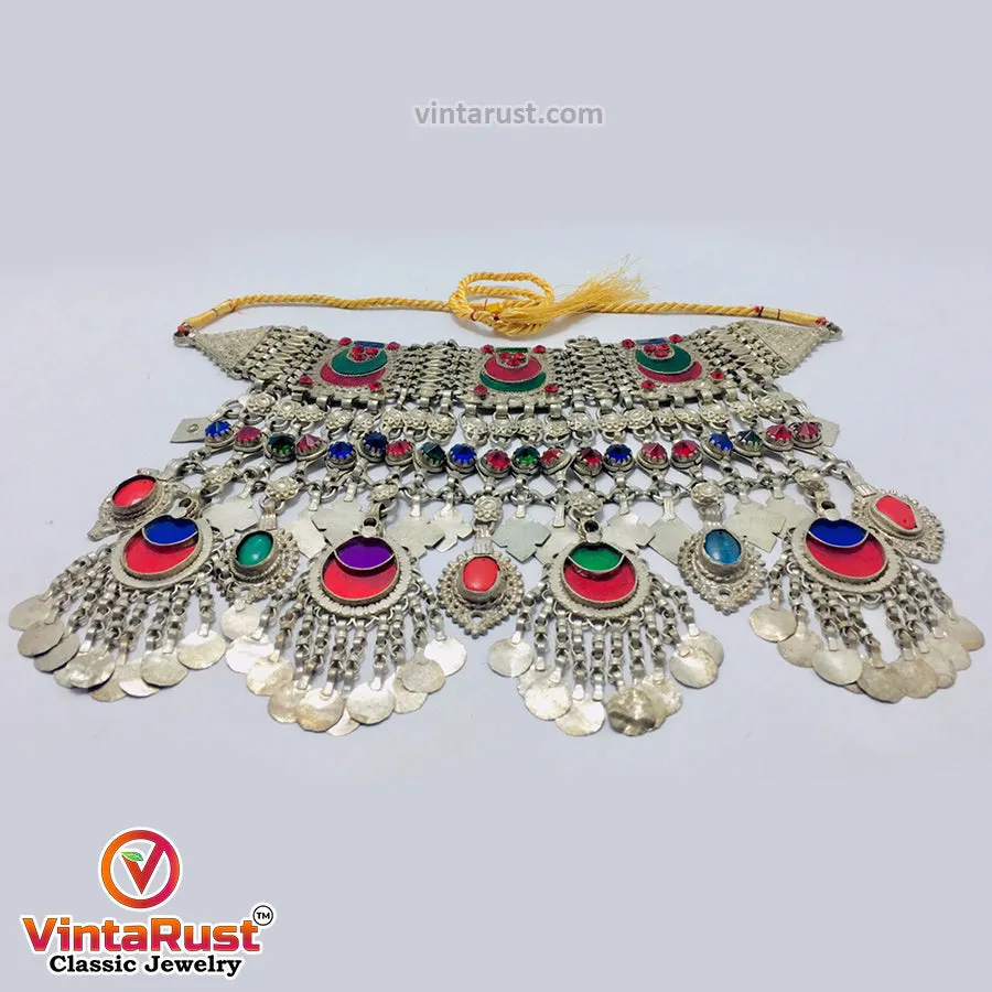 Silver Massive Choker Necklace With Multicolor Glass Stones