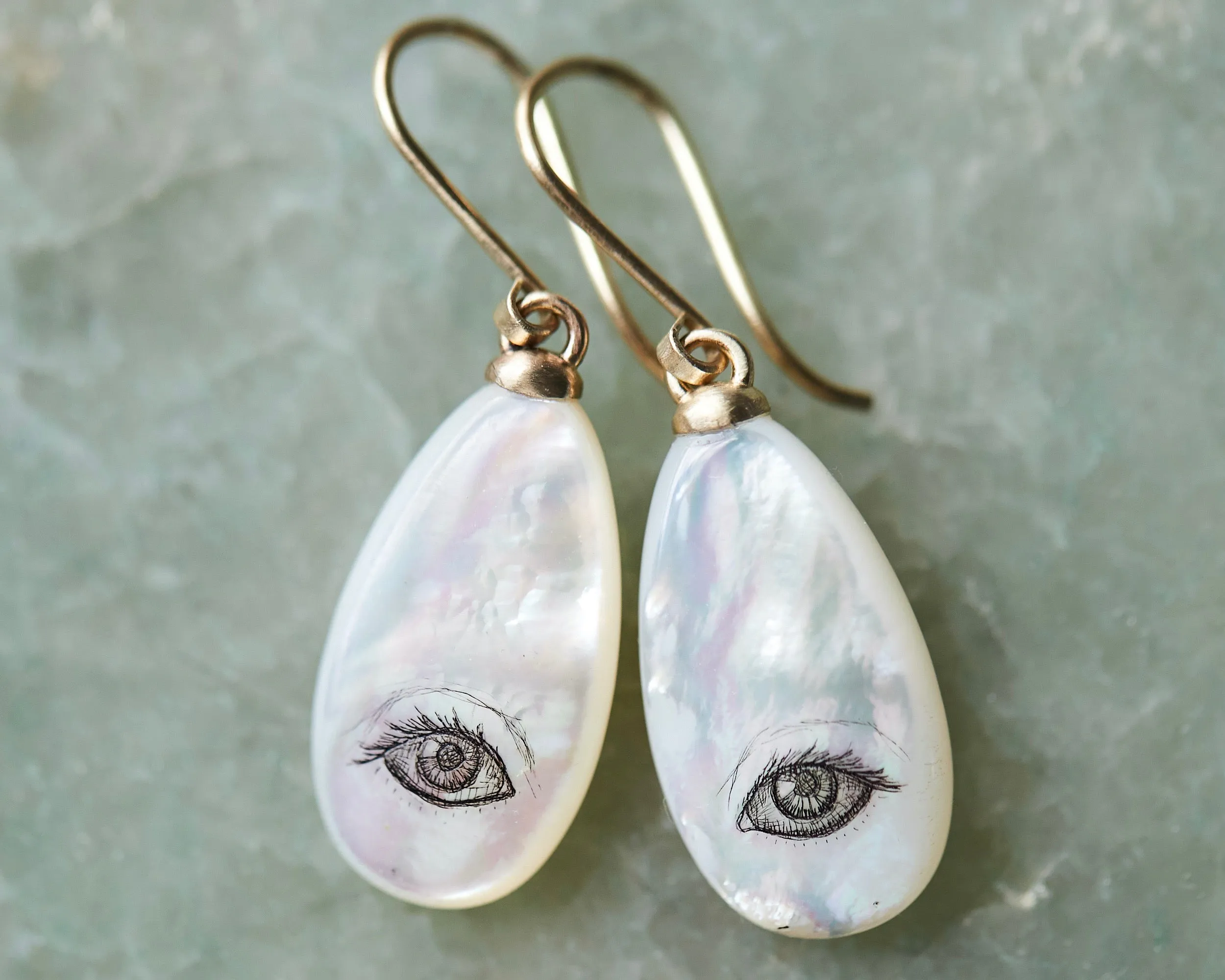 Small Lover's Eye Mother of Pearl Scrimshaw Earrings