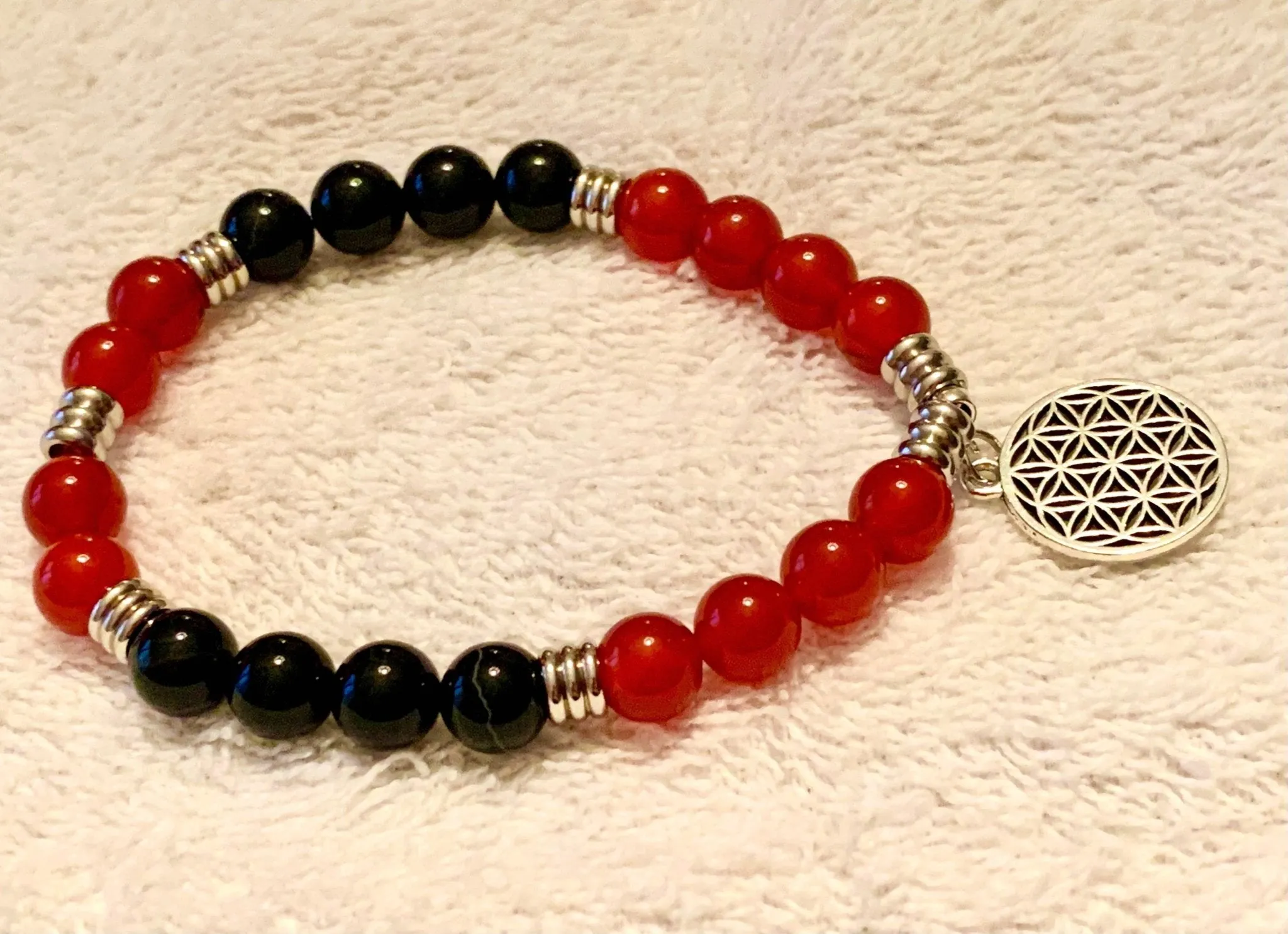 🔴SOLD🔴Blaze Handmade Genuine Carnelian and Black Onyx Bracelet with Flower Of Life Charm