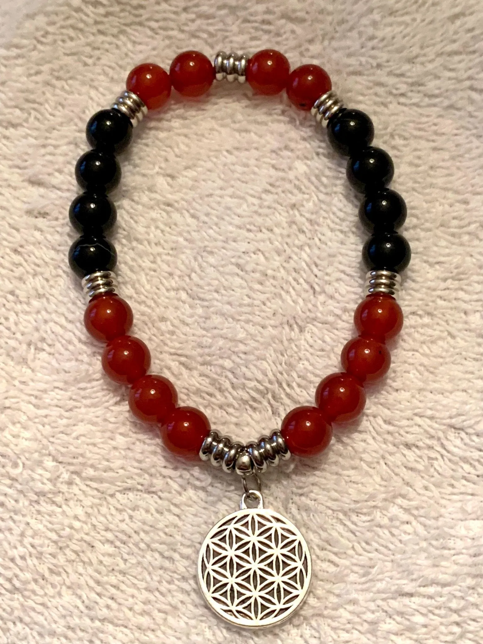 🔴SOLD🔴Blaze Handmade Genuine Carnelian and Black Onyx Bracelet with Flower Of Life Charm