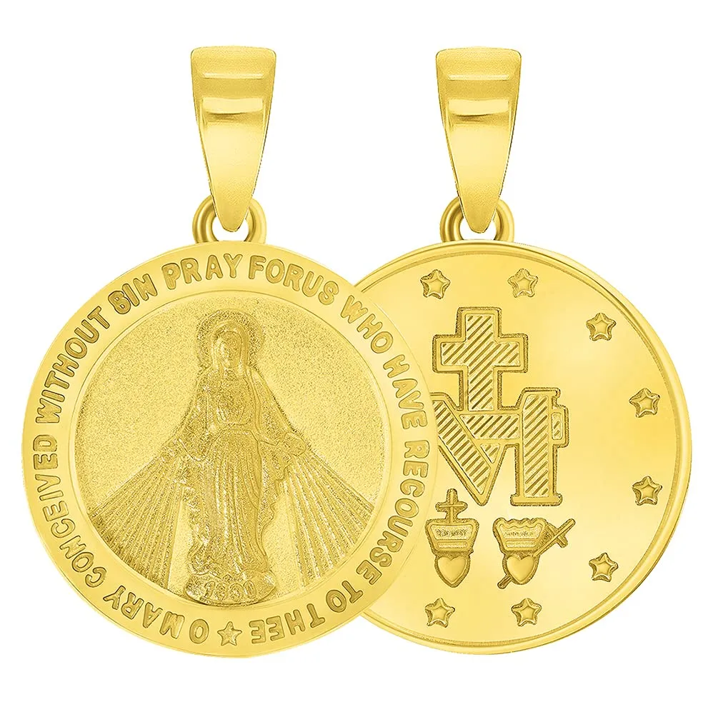 Solid 14k Gold Small Classic Miraculous Medallion of the Virgin Mary Pendant with Curb Chain Necklace - Yellow Gold