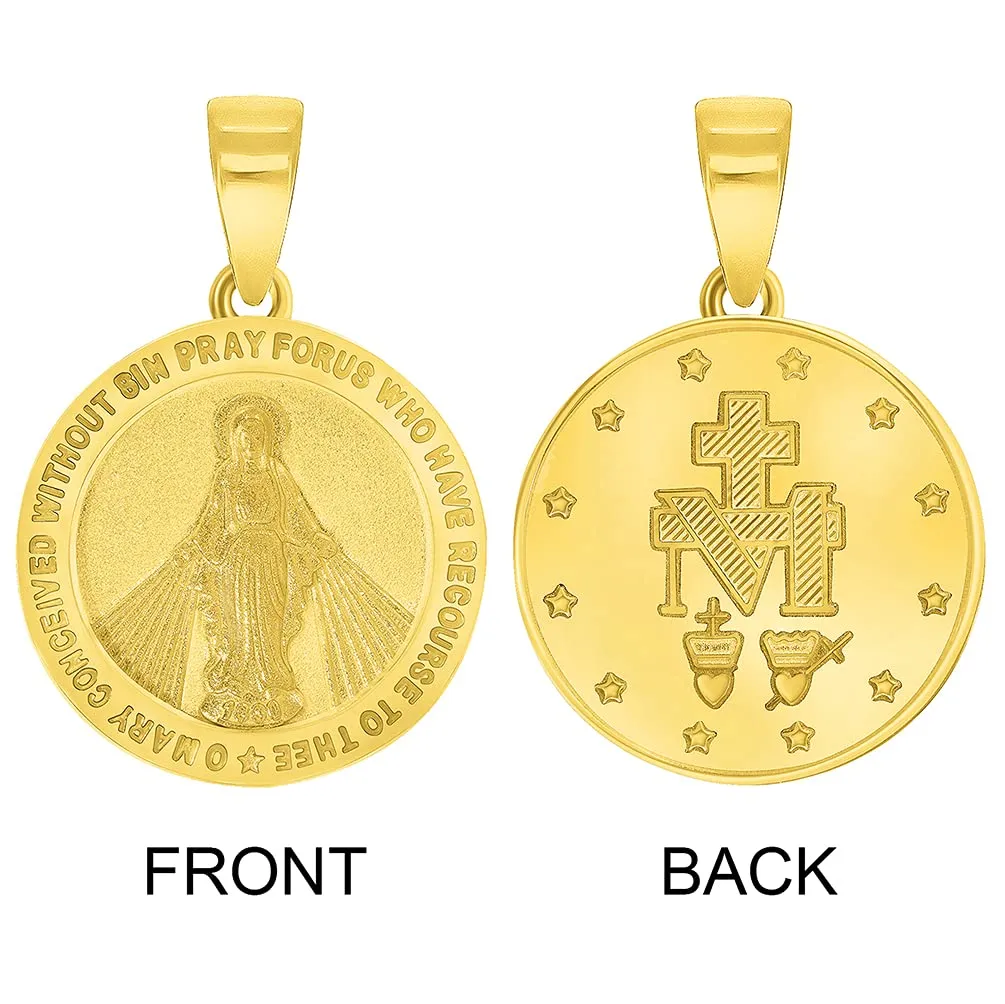 Solid 14k Gold Small Classic Miraculous Medallion of the Virgin Mary Pendant with Curb Chain Necklace - Yellow Gold