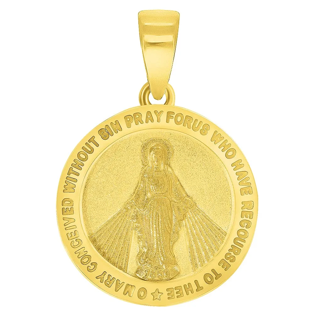 Solid 14k Gold Small Classic Miraculous Medallion of the Virgin Mary Pendant with Curb Chain Necklace - Yellow Gold