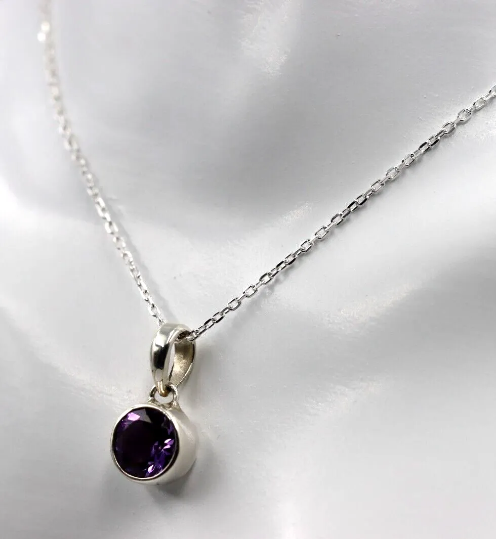 Sterling Silver 925 Round Amethyst Pendant & 65cm Chain Necklace