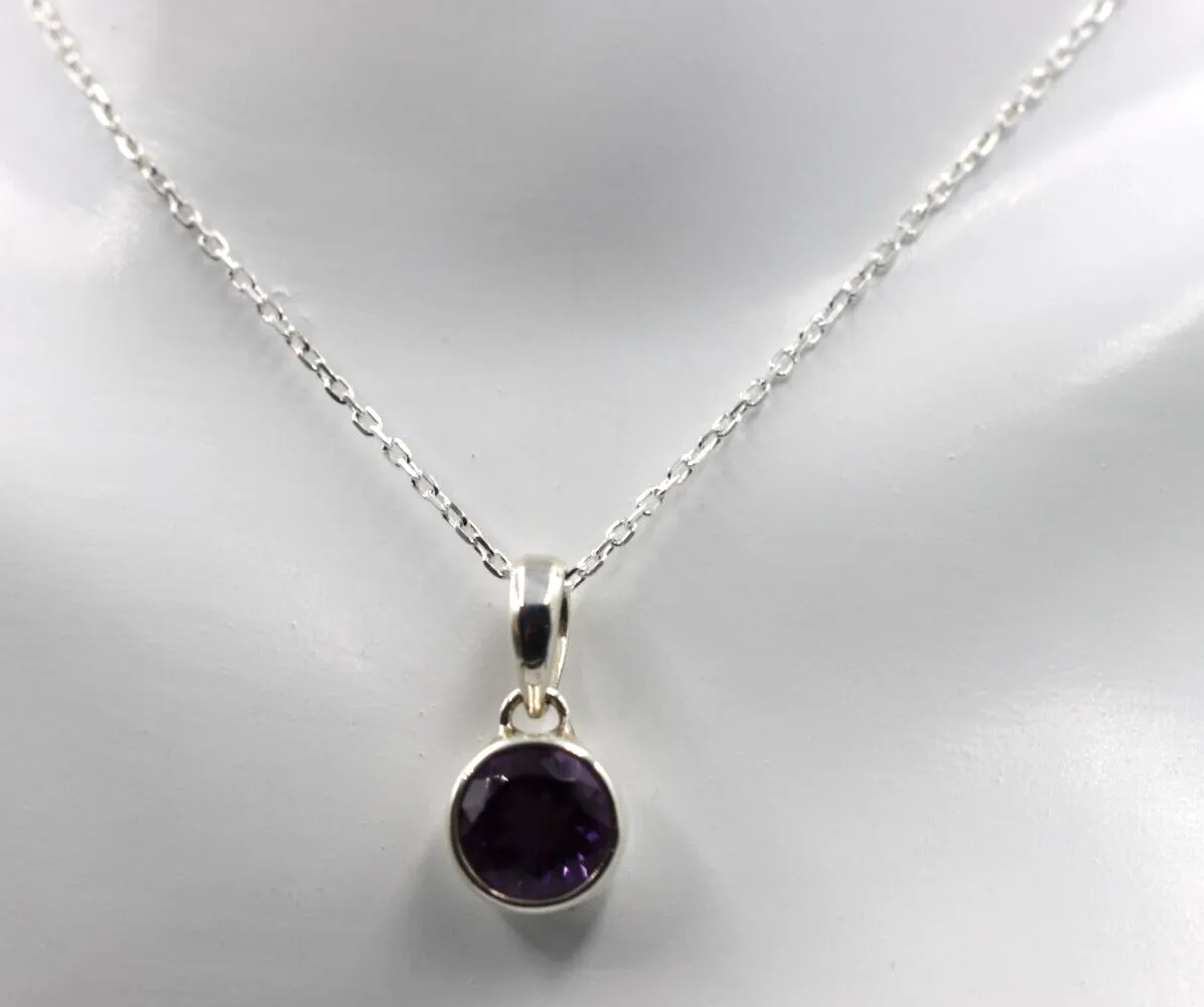 Sterling Silver 925 Round Amethyst Pendant & 65cm Chain Necklace