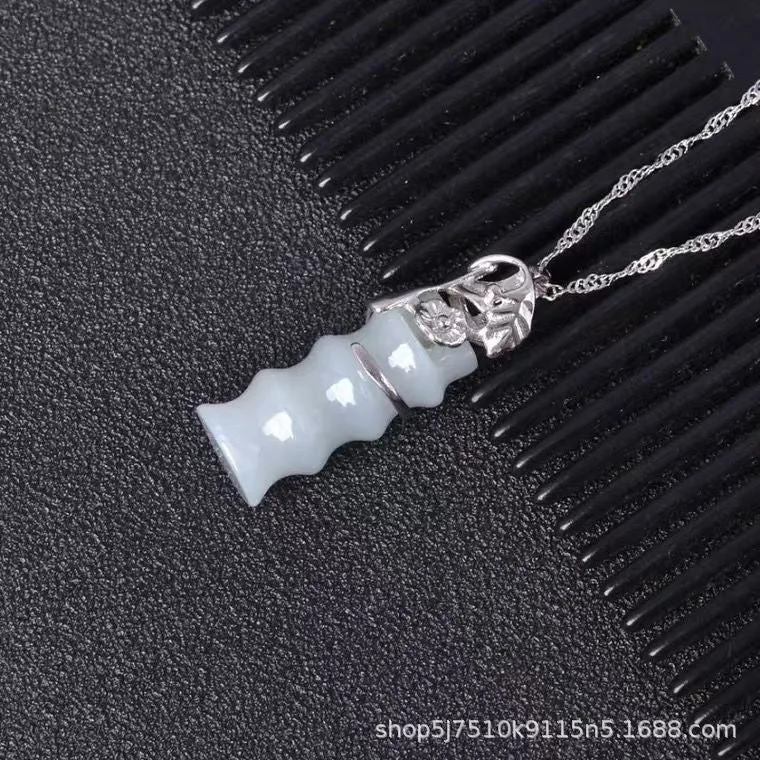 Sterling Silver Bamboo Necklace with Jade Pendant