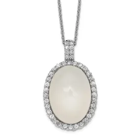 Sterling Silver CZ Framed Oval White Moonstone 18" Necklace