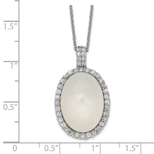 Sterling Silver CZ Framed Oval White Moonstone 18" Necklace