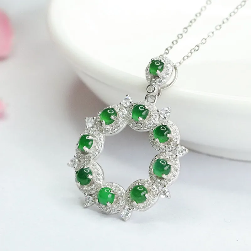 Sterling Silver Necklace with Ice Emperor Green Jade Ring Pendant