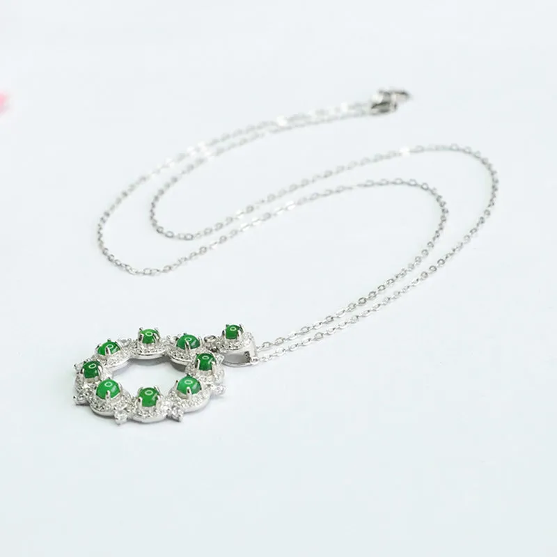 Sterling Silver Necklace with Ice Emperor Green Jade Ring Pendant