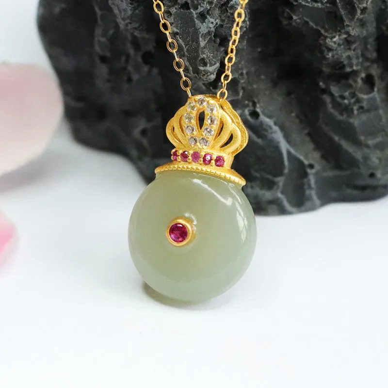 Sterling Silver Necklace with Natural Hetian Jade Buckle and Zircon Crown