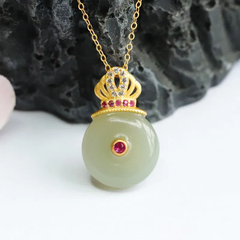 Sterling Silver Necklace with Natural Hetian Jade Buckle and Zircon Crown