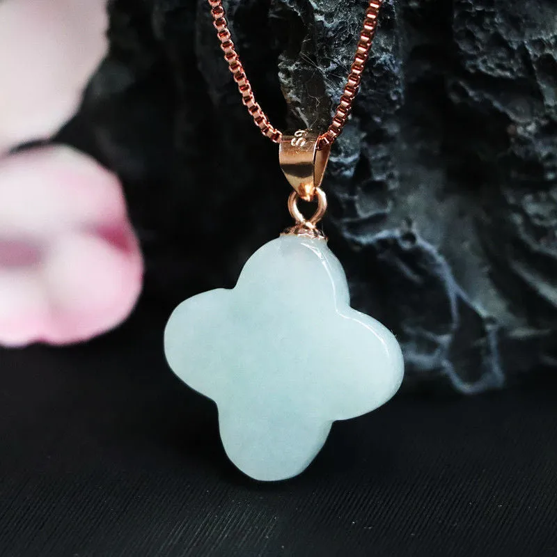 Sterling Silver Necklace with Natural Jade Clover Pendant