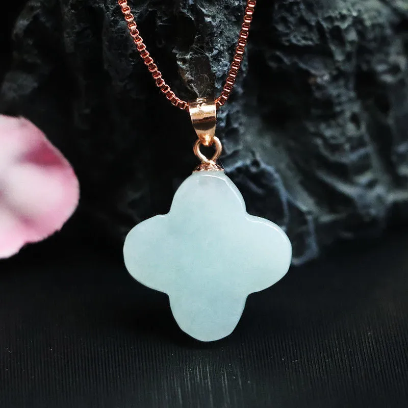 Sterling Silver Necklace with Natural Jade Clover Pendant