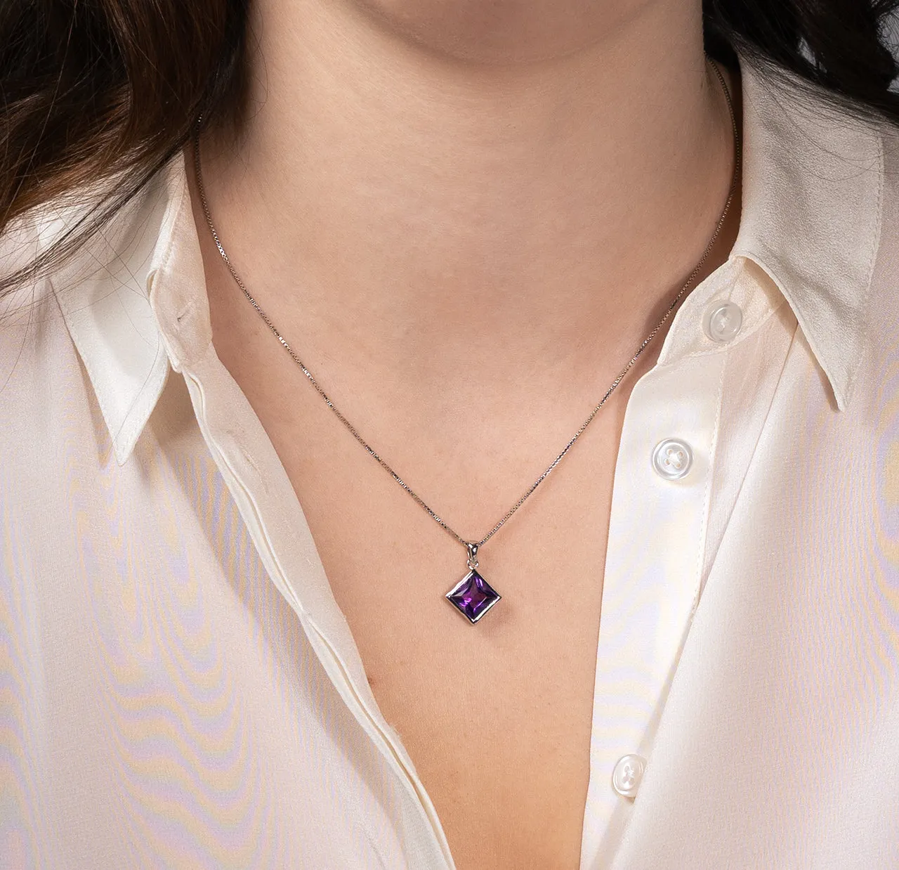 Sterling Silver Princess Cut Amethyst Pendant