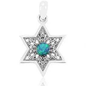 Sterling Silver Star of David Pendant - Filigree with Opal