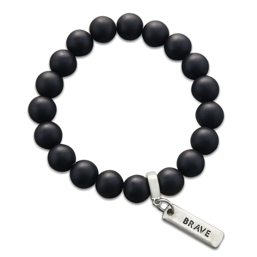 Stone Bracelet - Matt Black Onyx Large 10mm Beads - with Word Charms