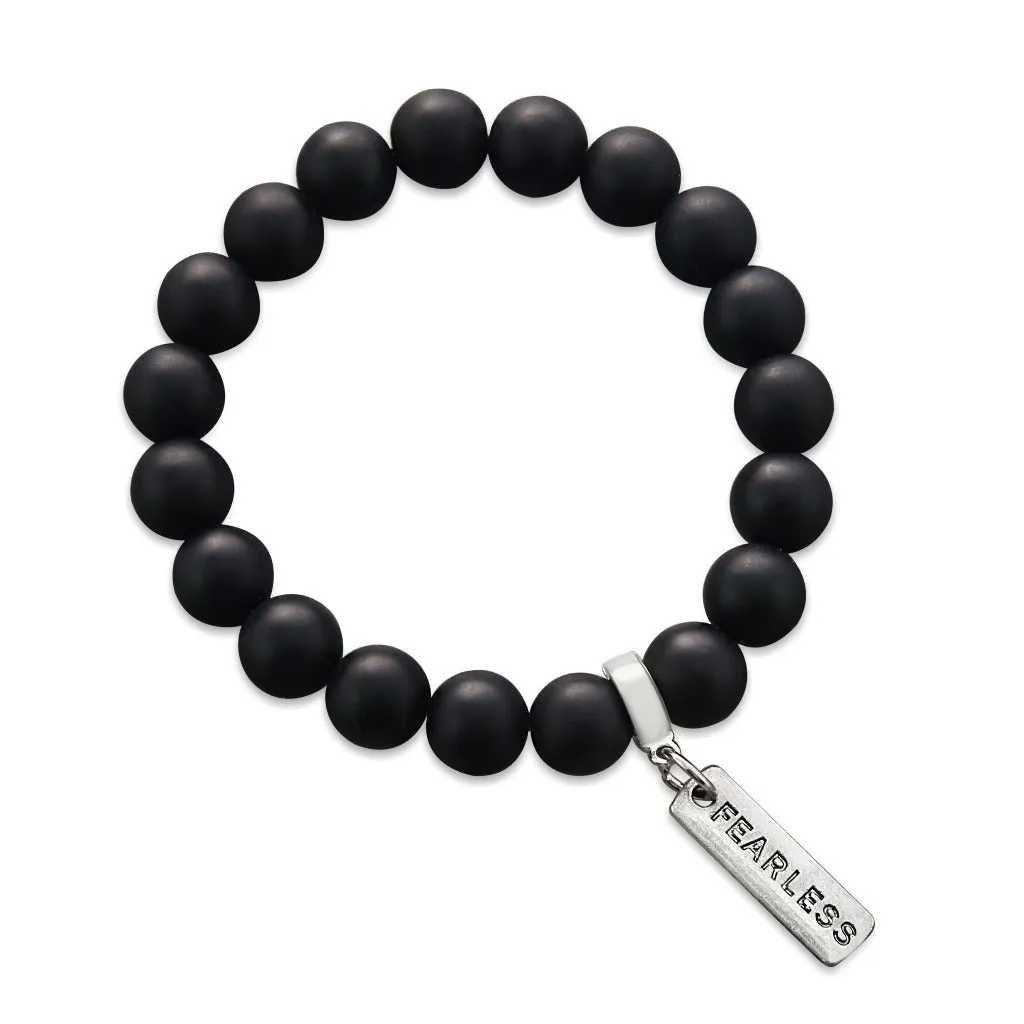 Stone Bracelet - Matt Black Onyx Large 10mm Beads - with Word Charms