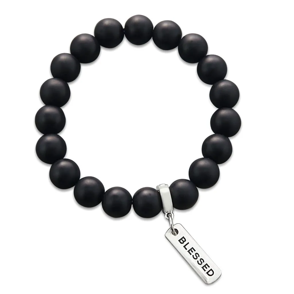 Stone Bracelet - Matt Black Onyx Large 10mm Beads - with Word Charms