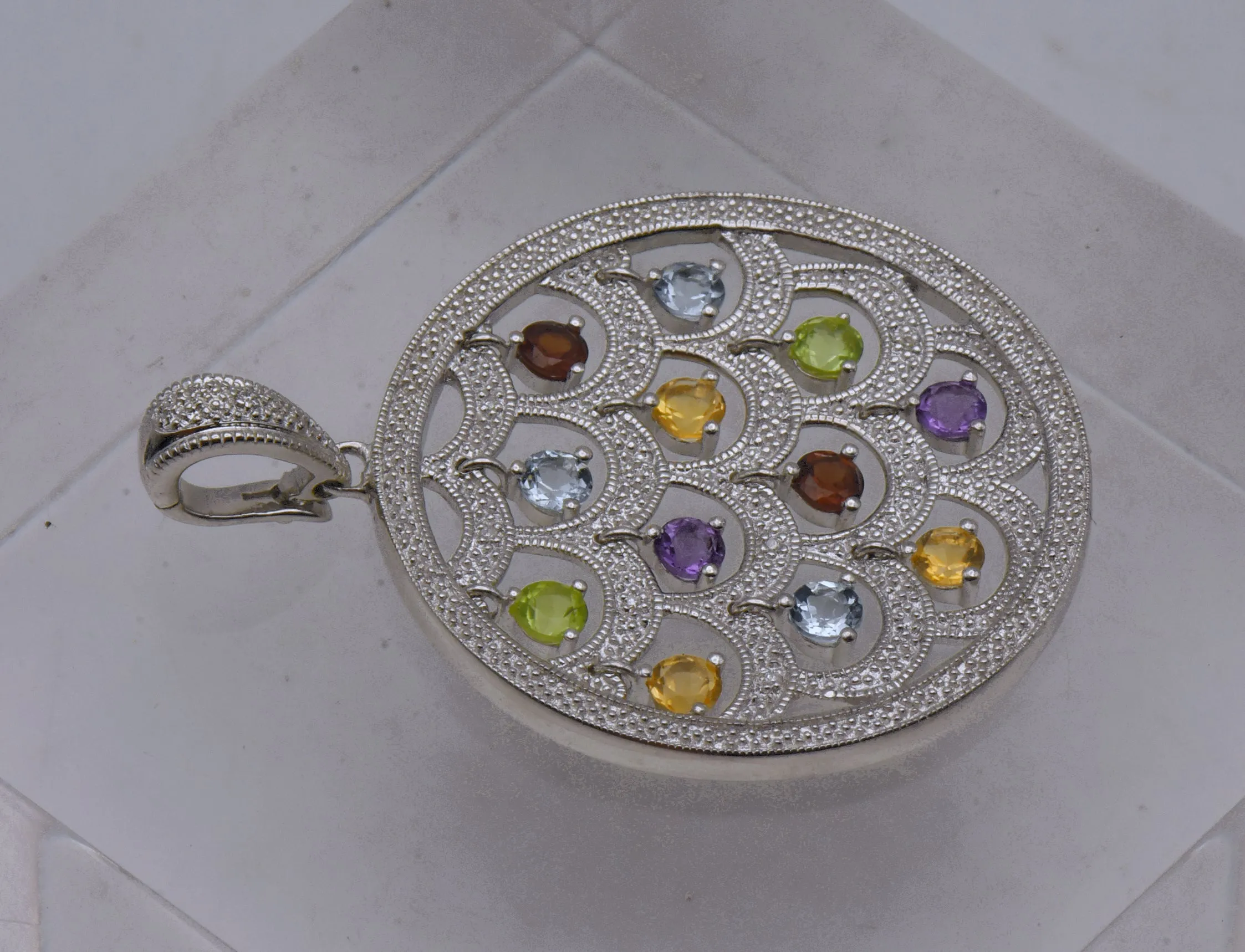 Stunning Colored Gemstones and Diamonds Chandelier Pendant on Multi-Strand Sterling Chain Necklace