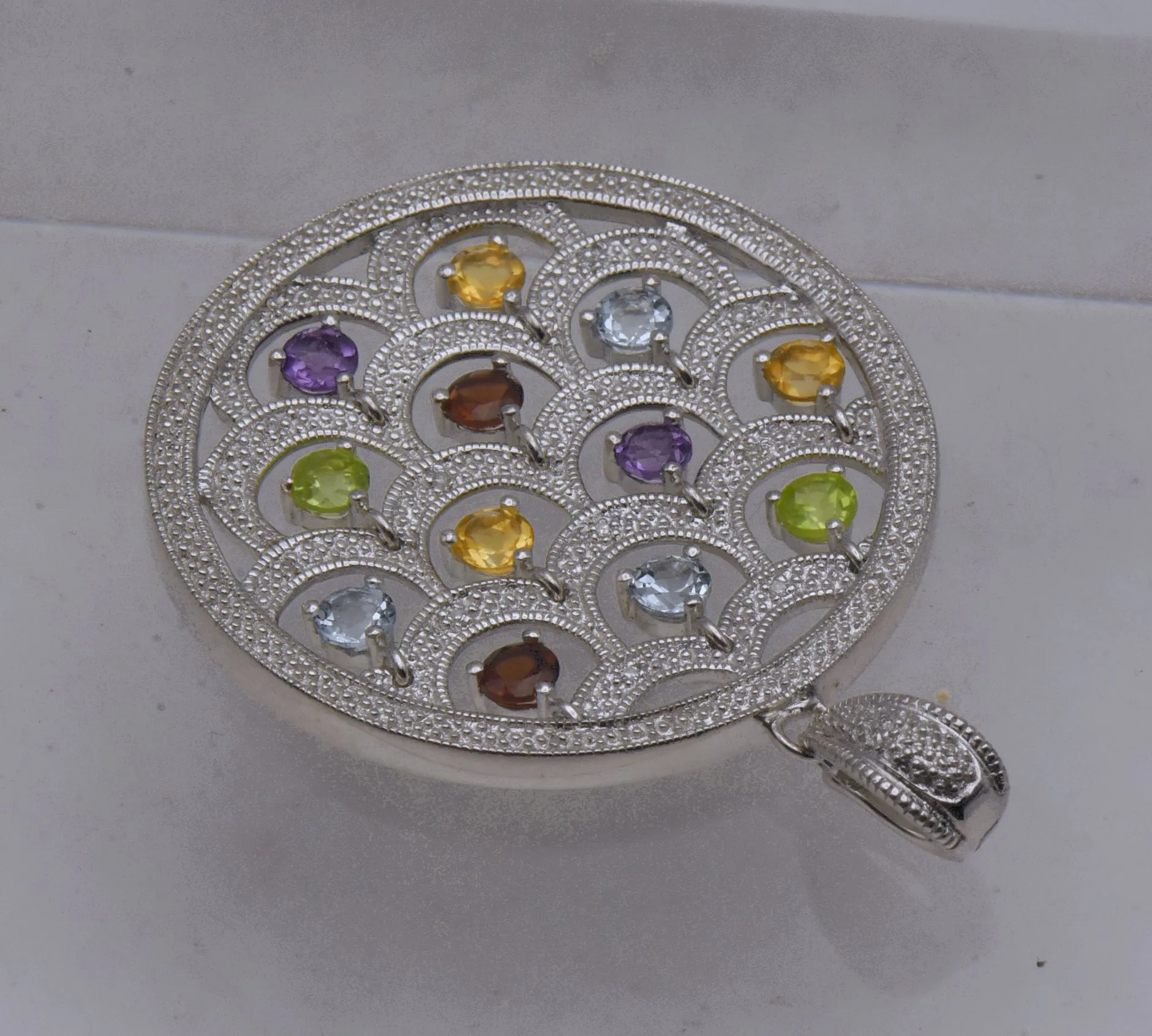 Stunning Colored Gemstones and Diamonds Chandelier Pendant on Multi-Strand Sterling Chain Necklace