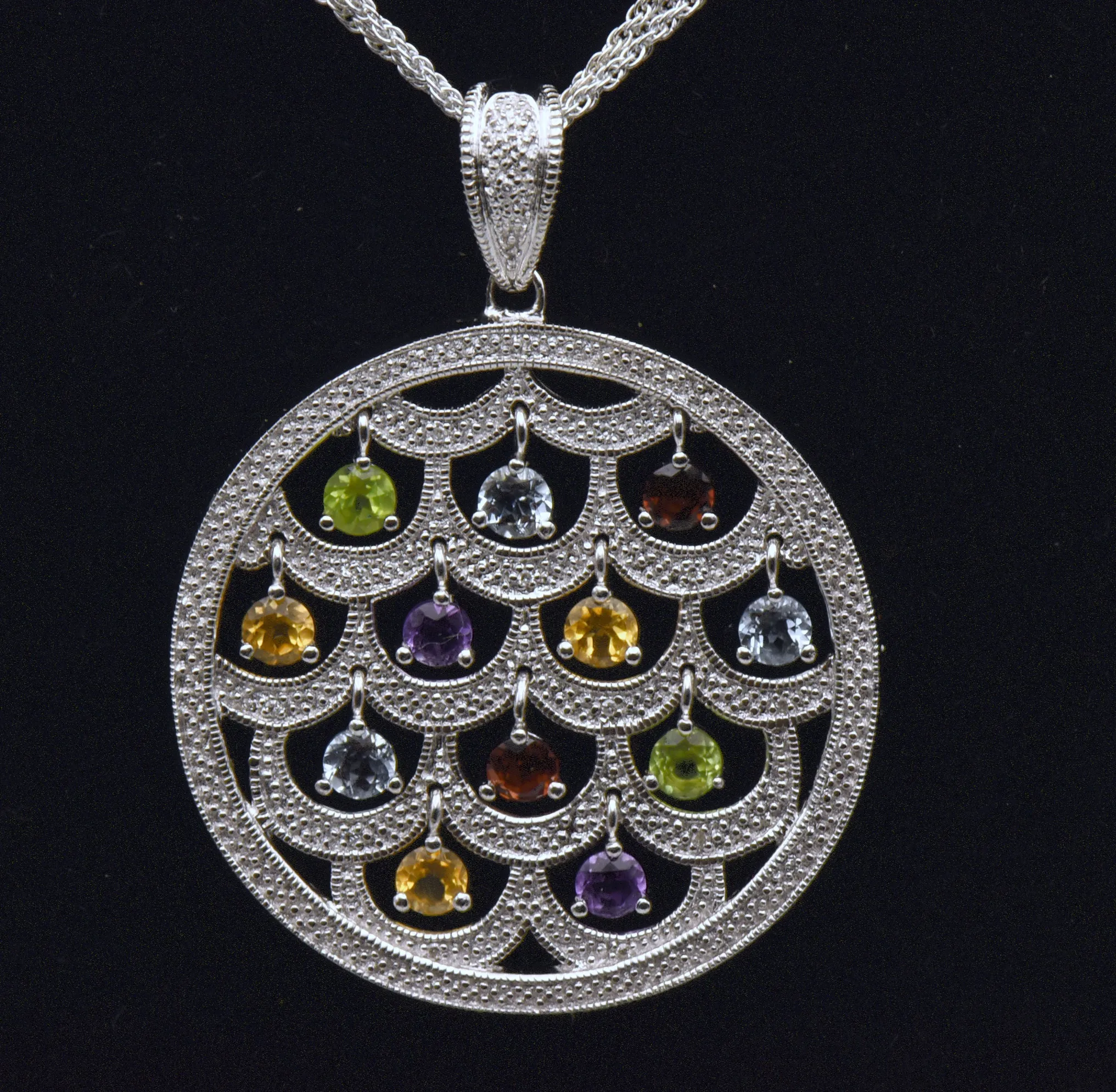 Stunning Colored Gemstones and Diamonds Chandelier Pendant on Multi-Strand Sterling Chain Necklace