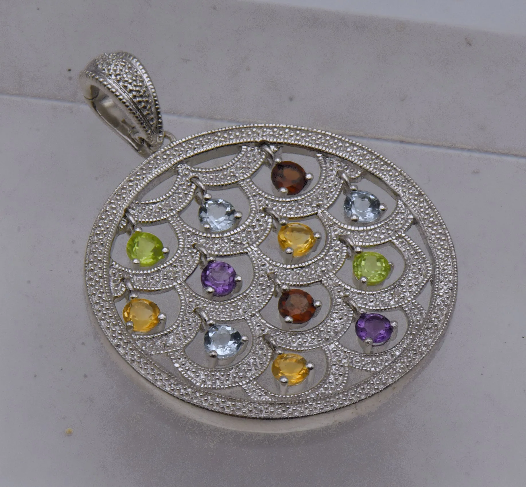 Stunning Colored Gemstones and Diamonds Chandelier Pendant on Multi-Strand Sterling Chain Necklace