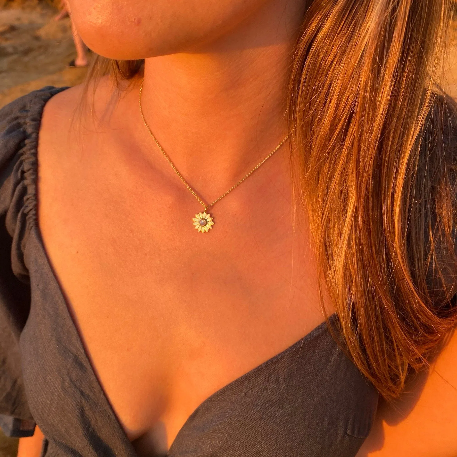 Sunflower Charm Gold Moonstone Necklace