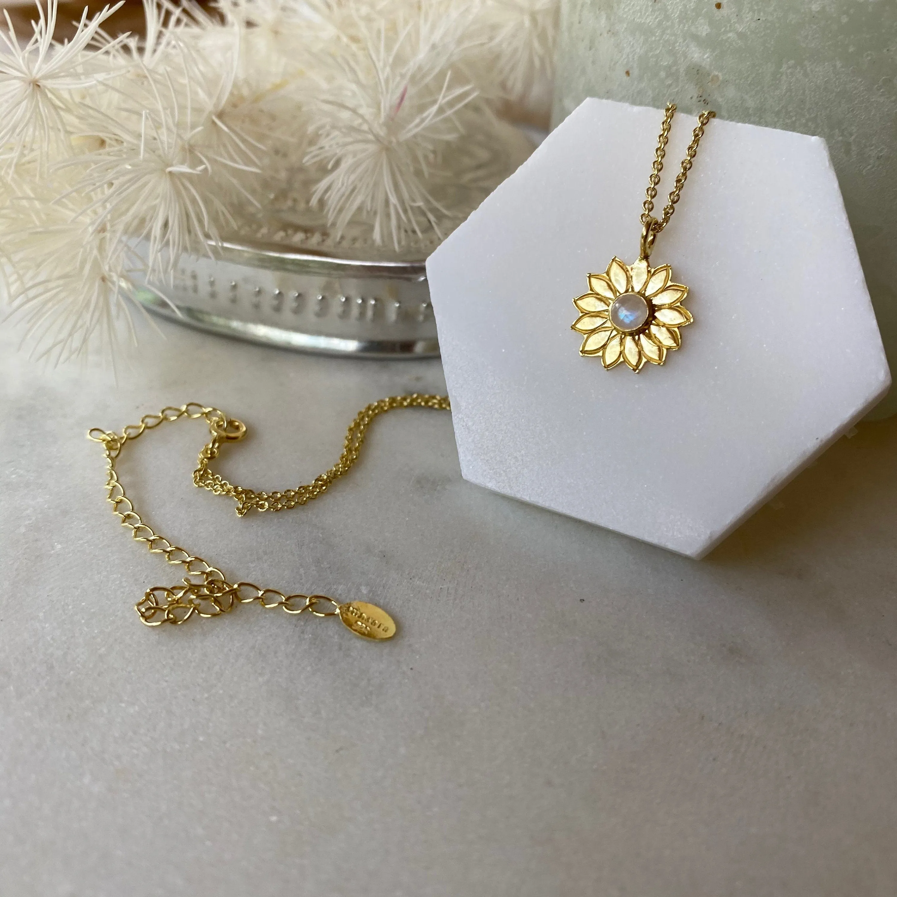 Sunflower Charm Gold Moonstone Necklace