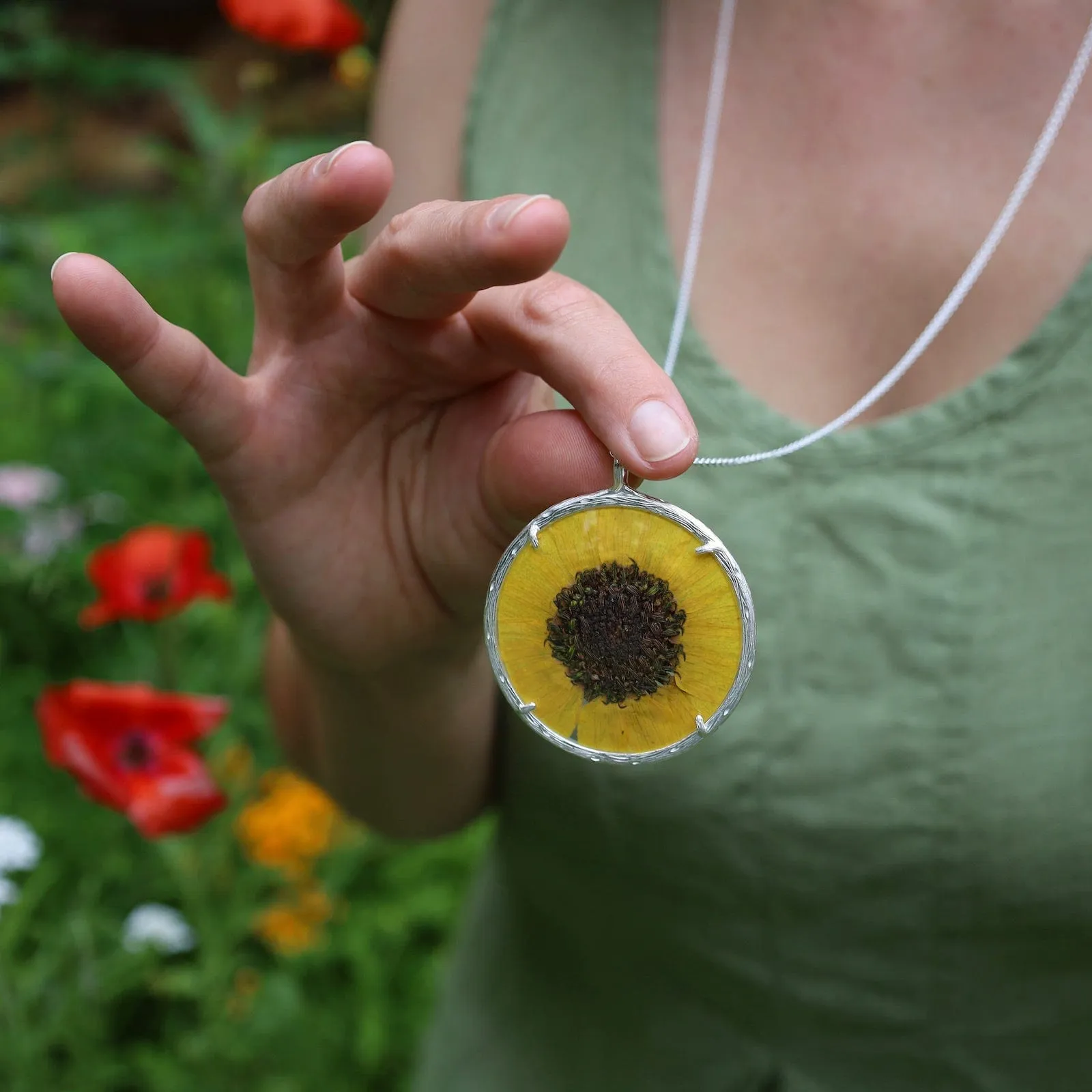 Sunflower Extra Large Botanical Necklace - Recycled Sterling Silver