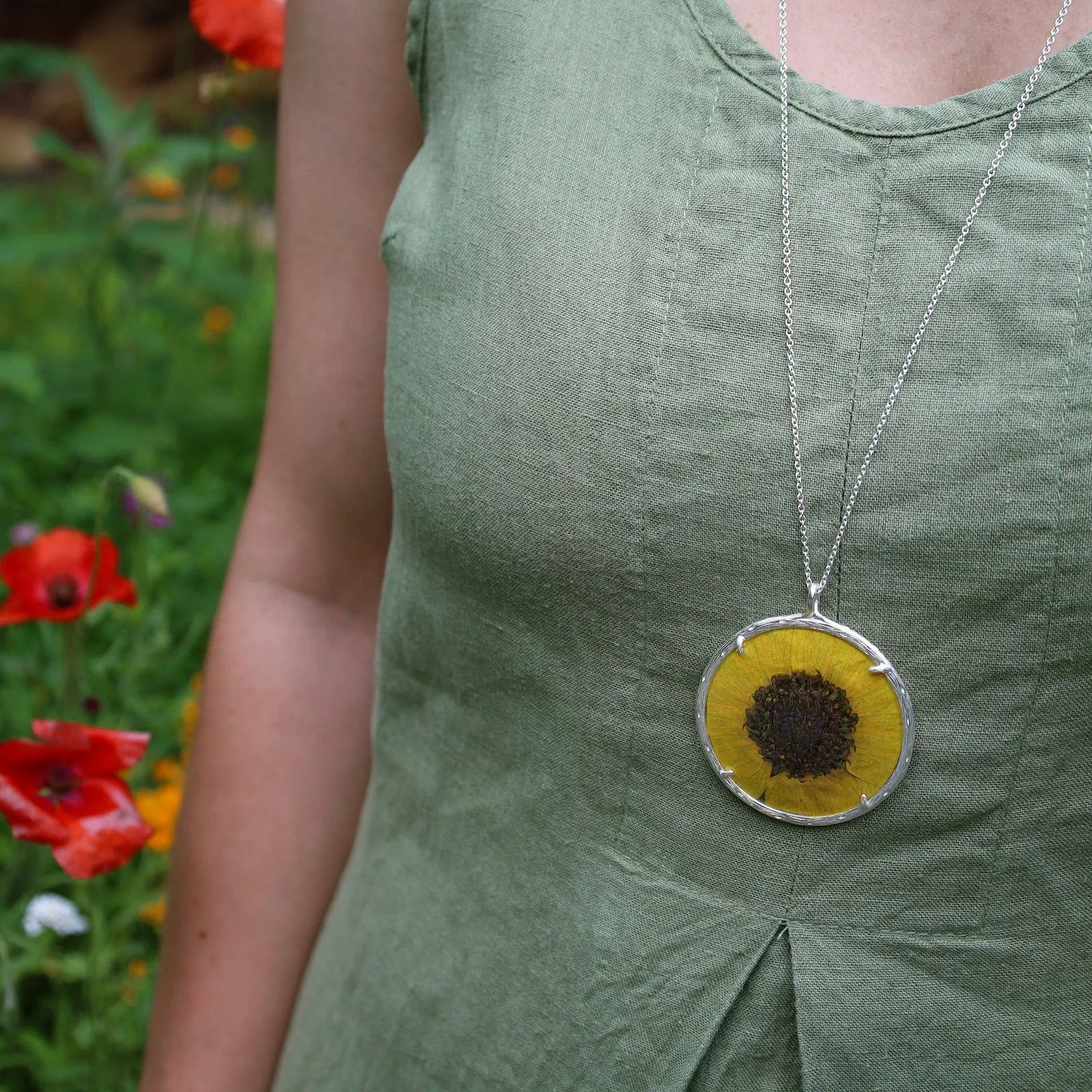 Sunflower Extra Large Botanical Necklace - Recycled Sterling Silver