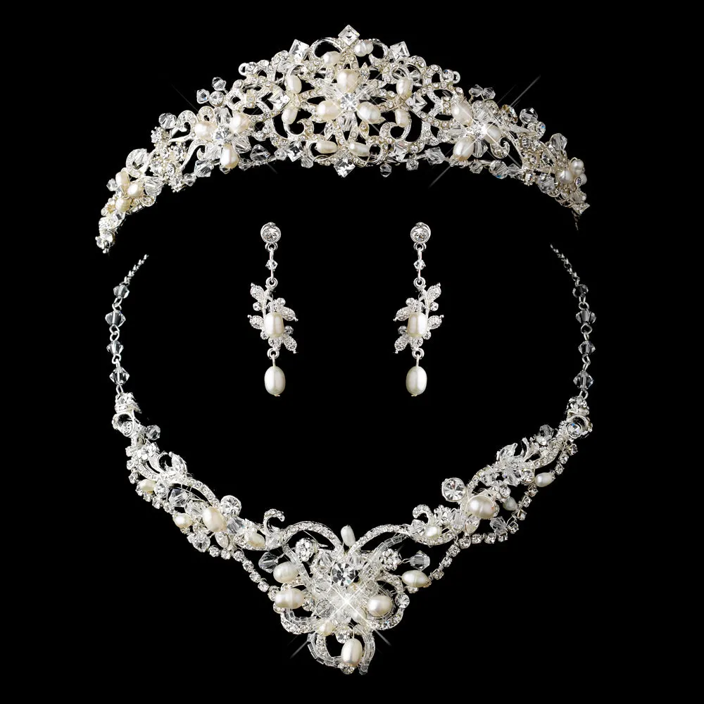 Swarovski Crystal Freshwater Pearl Wedding Tiara & Jewelry Set