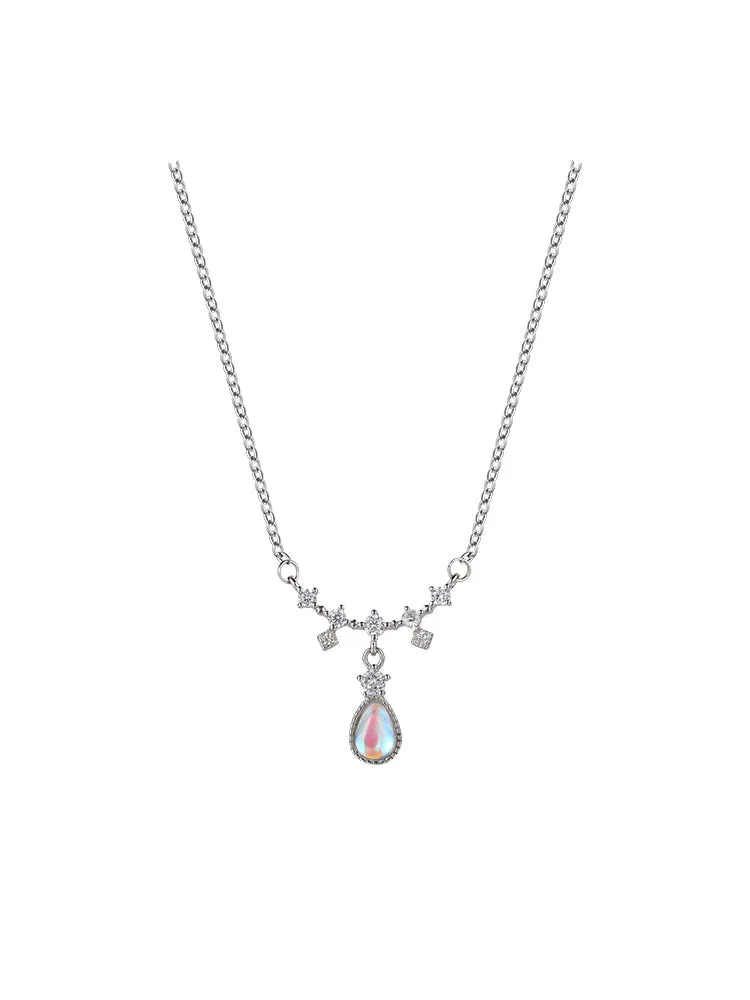 Teardrop Moonstone Pendant with Zircon Silver Necklace Women