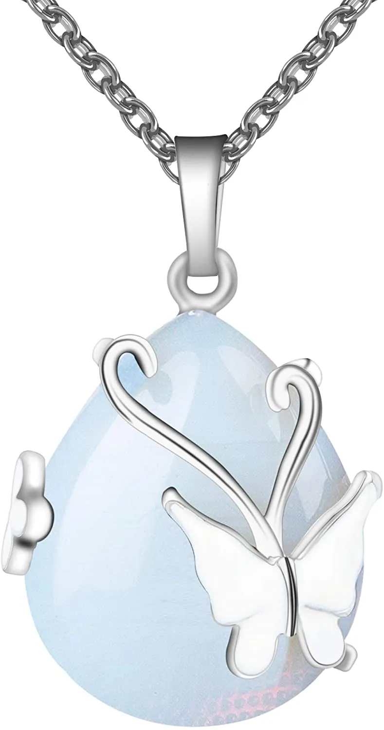 Teardrop Opalite Wire Wrap Butterfly Pendant Necklace 18"