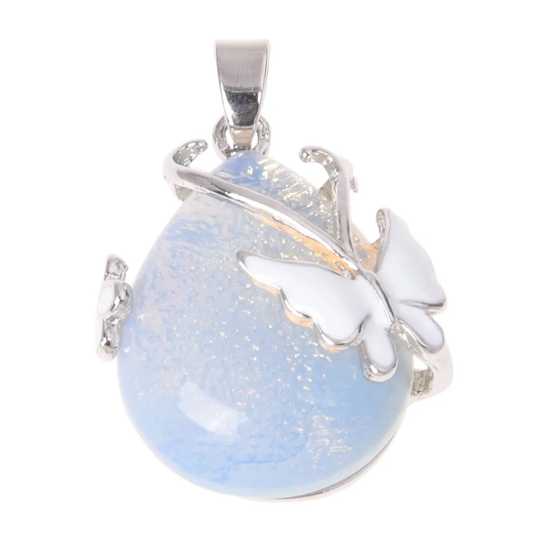 Teardrop Opalite Wire Wrap Butterfly Pendant Necklace 18"