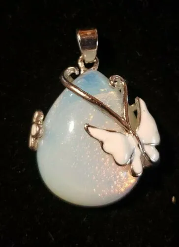 Teardrop Opalite Wire Wrap Butterfly Pendant Necklace 18"