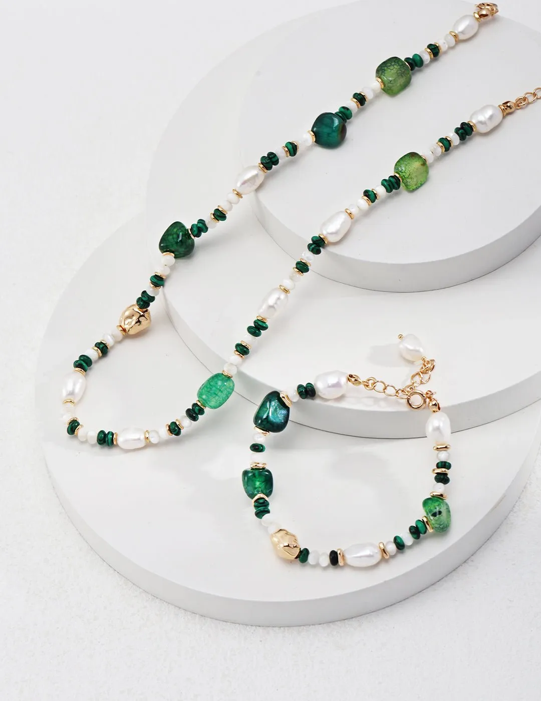 The Multielement Bracelet Featuring Malachite Pearls and Green Onyx