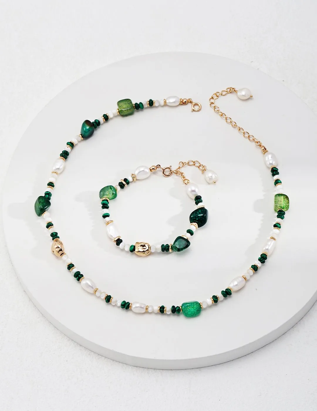 The Multielement Bracelet Featuring Malachite Pearls and Green Onyx