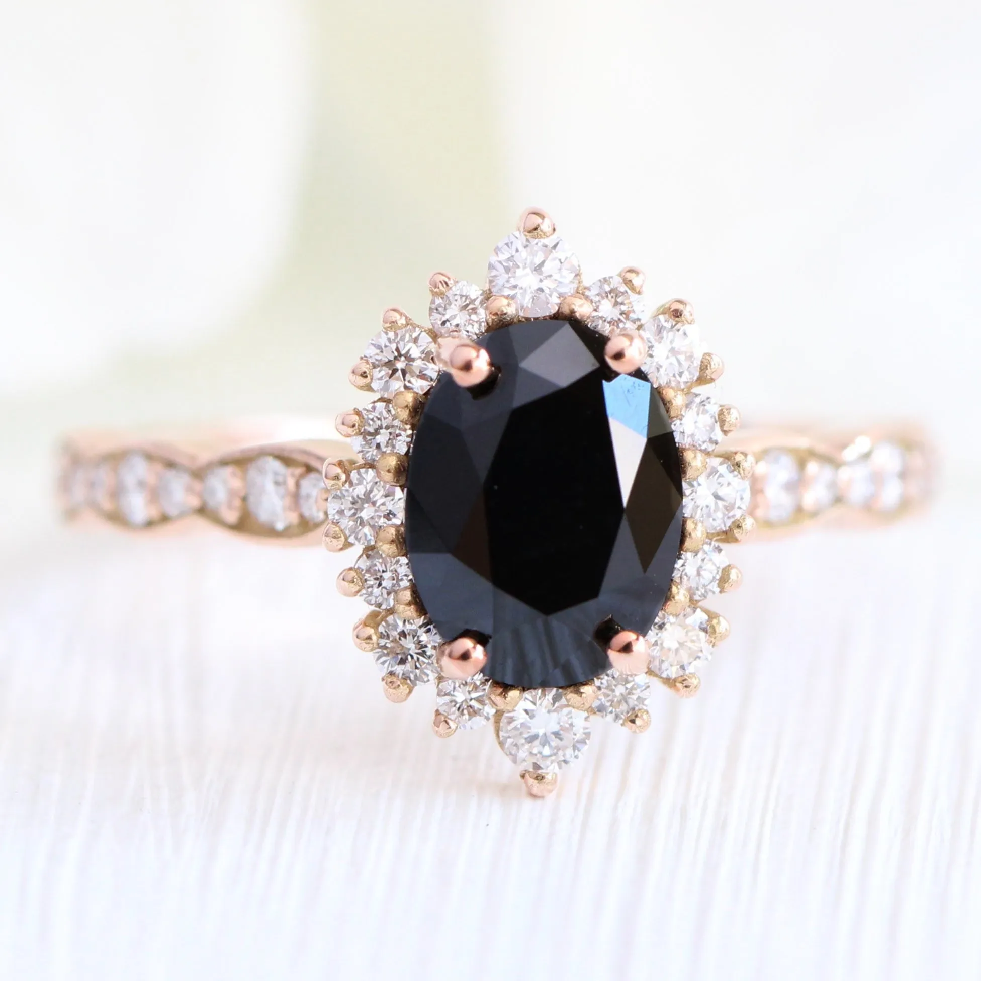 Tiara Halo Oval Black Diamond Ring Set w/ Curved Leaf Diamond Wedding Band