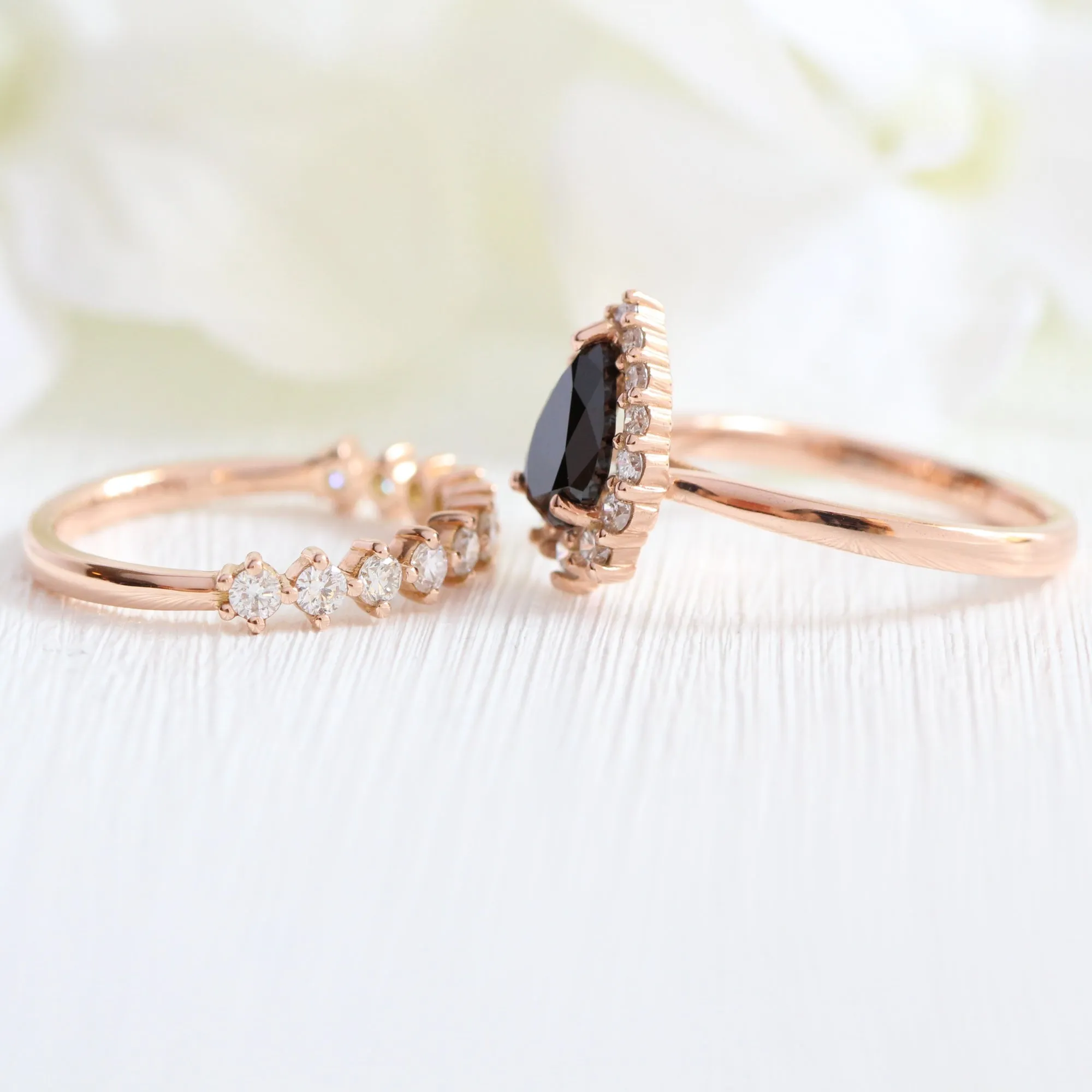 Tiara Halo Pear Black Diamond Ring Set w/ 4 Prong Half Eternity Diamond Band