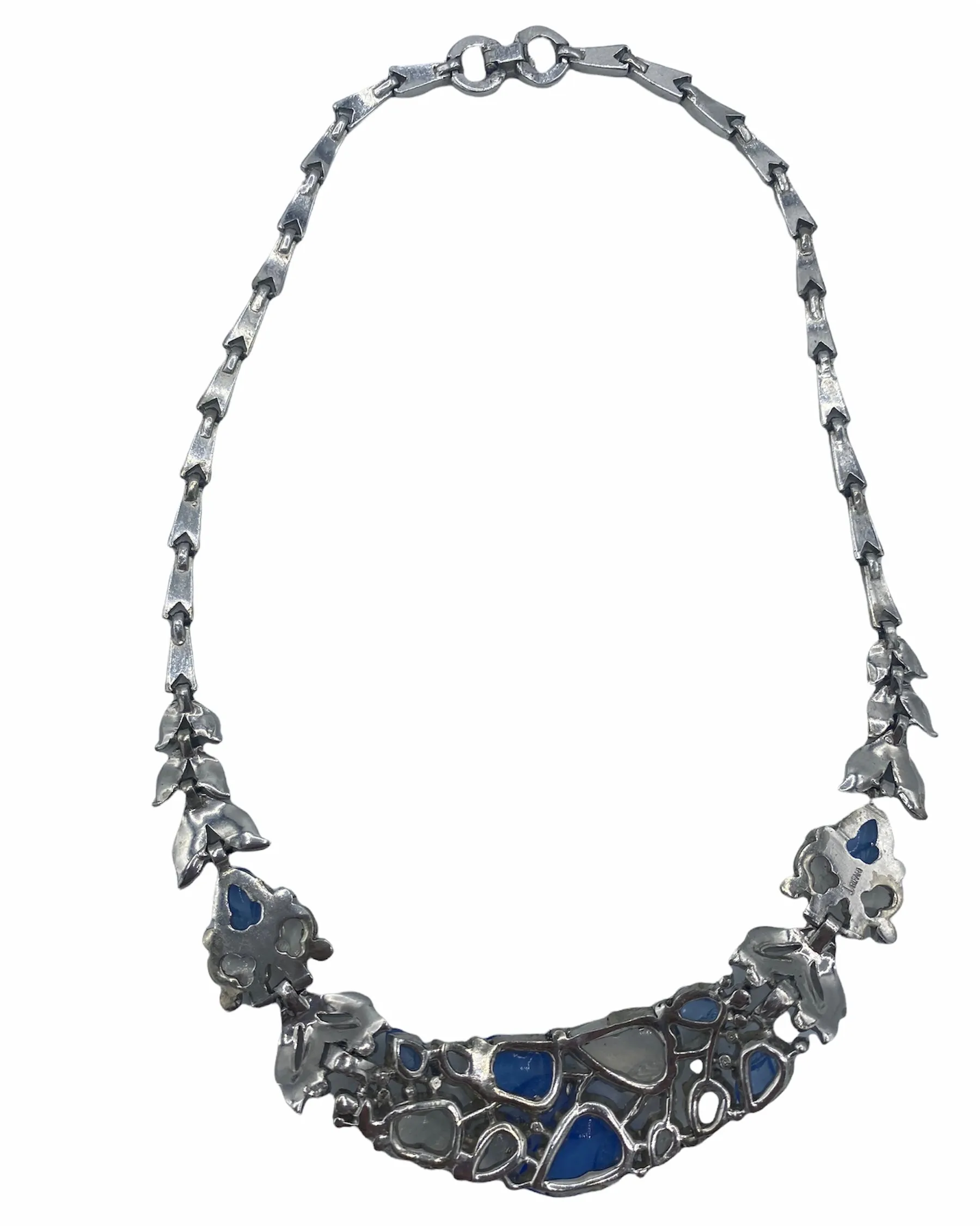 Trifari 30s Rhodium-Plated Tutti-Frutti Alfred Philippe Necklace with Blue and White Faux Stones