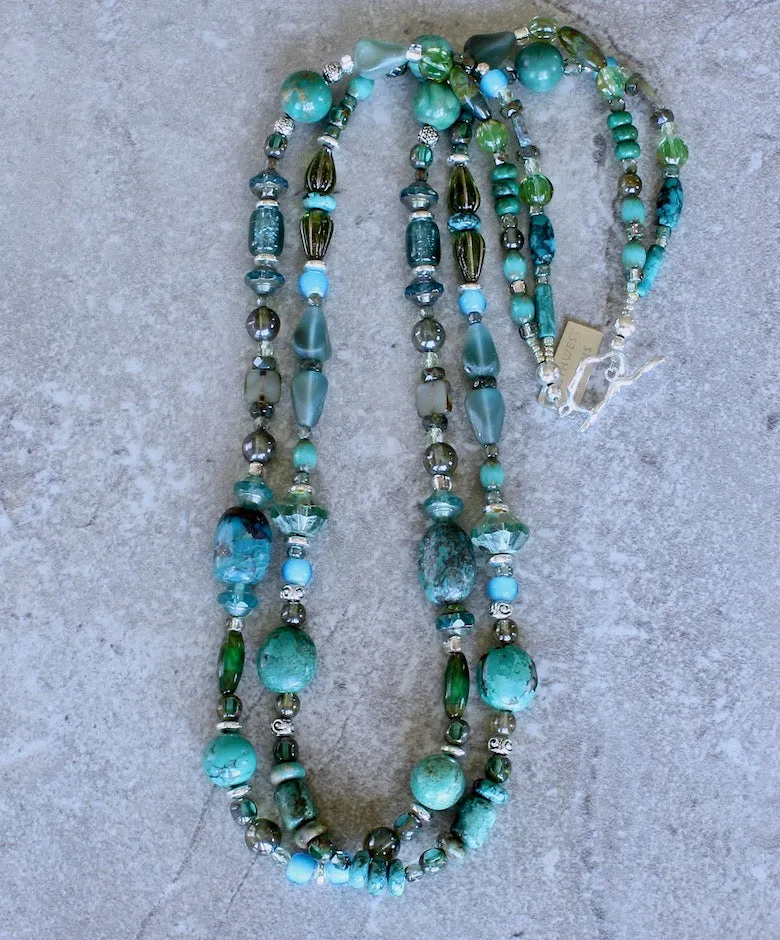 Turquoise and Czech Glass 2-Strand Necklace with Sterling Silver Beads and Toggle Clasp