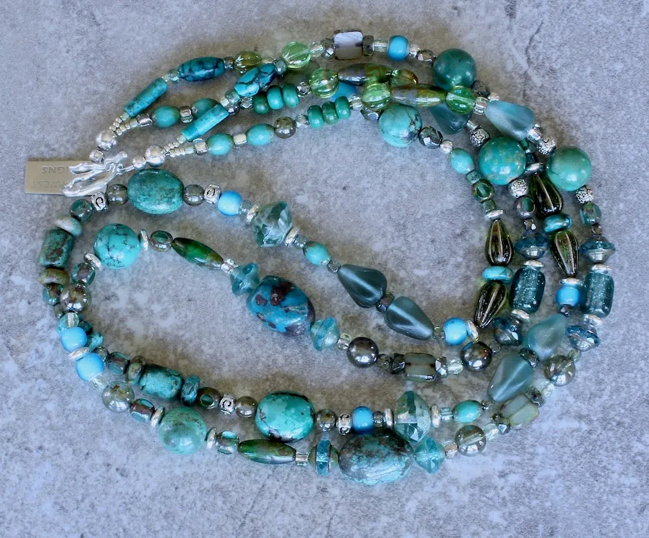 Turquoise and Czech Glass 2-Strand Necklace with Sterling Silver Beads and Toggle Clasp