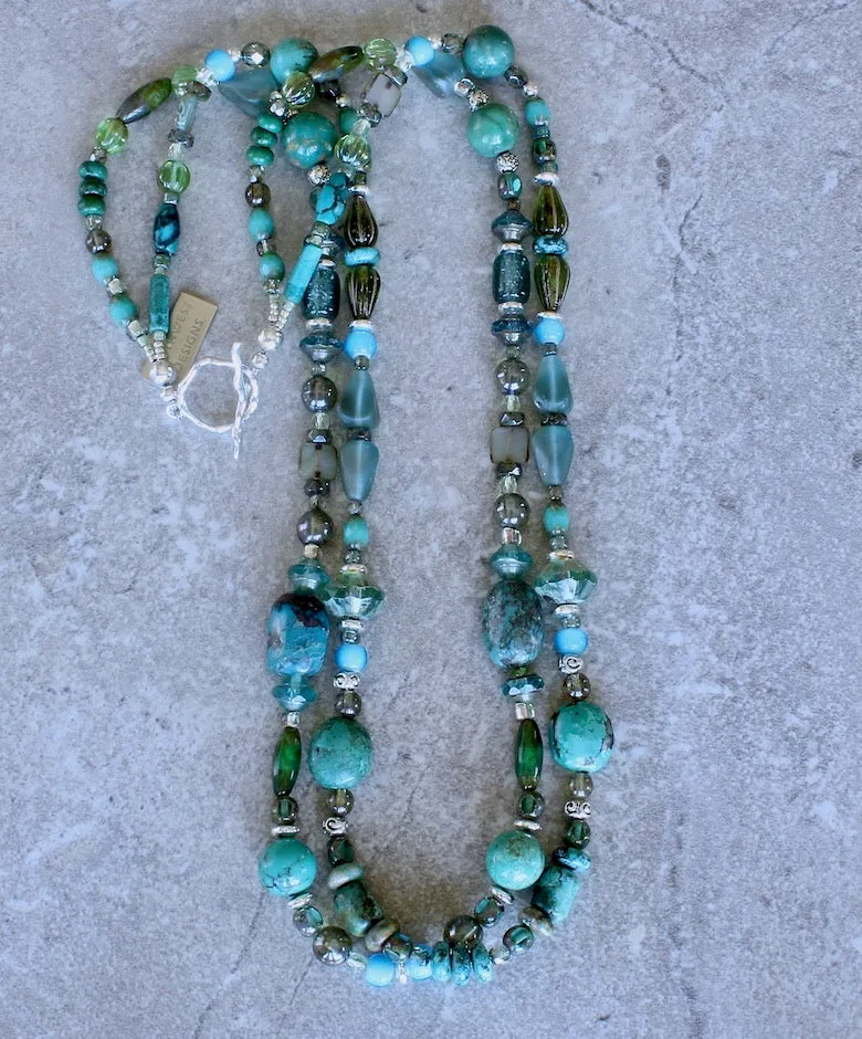 Turquoise and Czech Glass 2-Strand Necklace with Sterling Silver Beads and Toggle Clasp