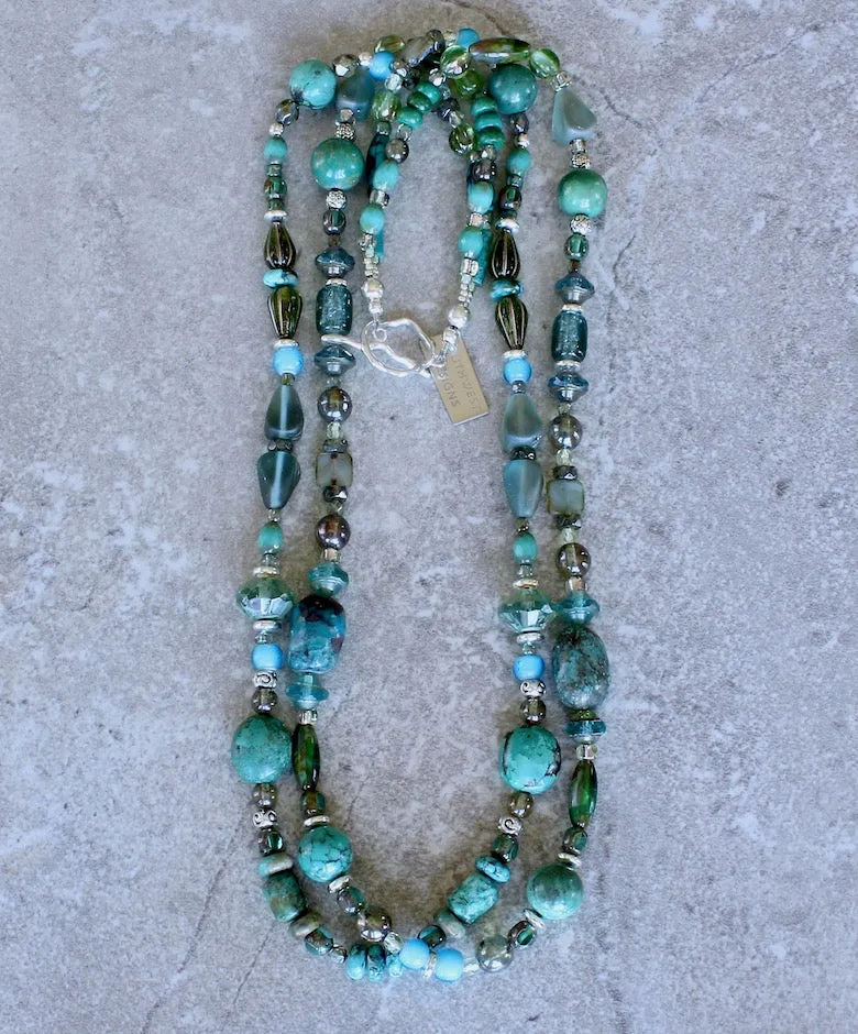 Turquoise and Czech Glass 2-Strand Necklace with Sterling Silver Beads and Toggle Clasp