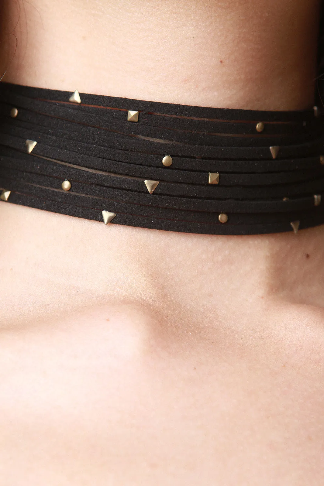 Vegan Suede Strappy Studded Wide Choker Necklace