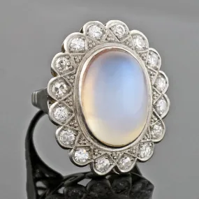 Victorian Revival Retro 14kt Large Moonstone Diamond Cluster Ring