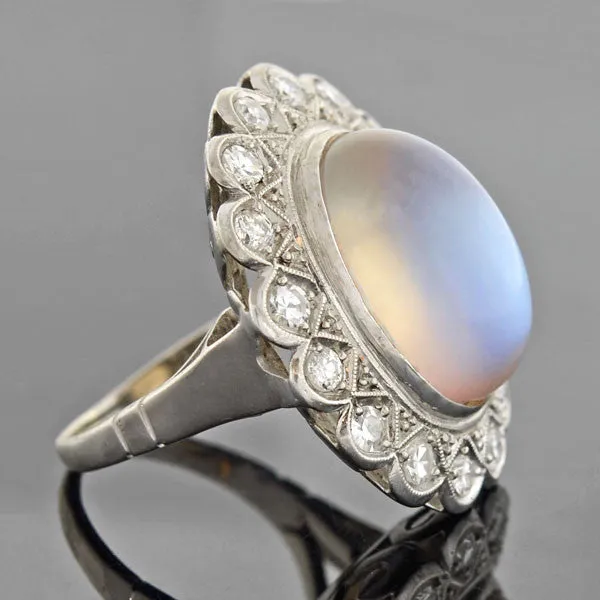 Victorian Revival Retro 14kt Large Moonstone Diamond Cluster Ring