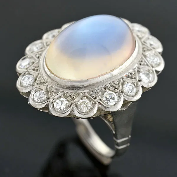 Victorian Revival Retro 14kt Large Moonstone Diamond Cluster Ring