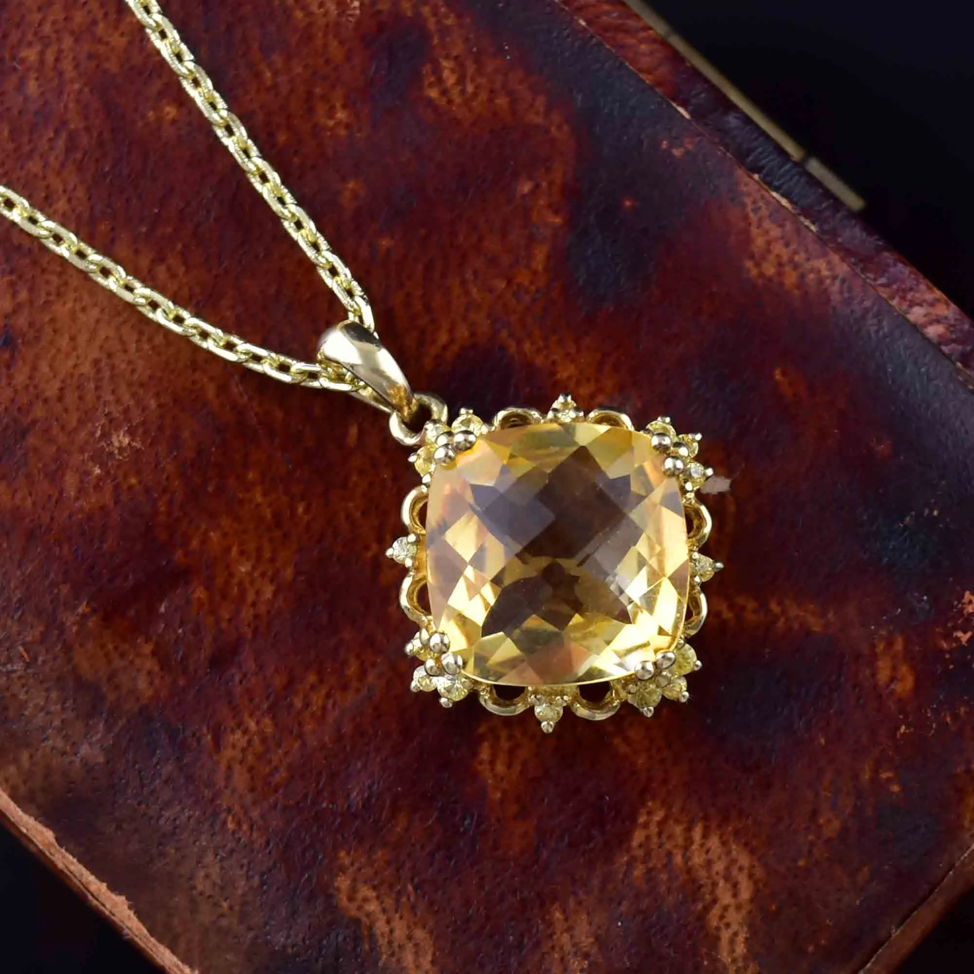 Vintage 10K Gold Spinel Checkerboard Citrine Pendant Necklace